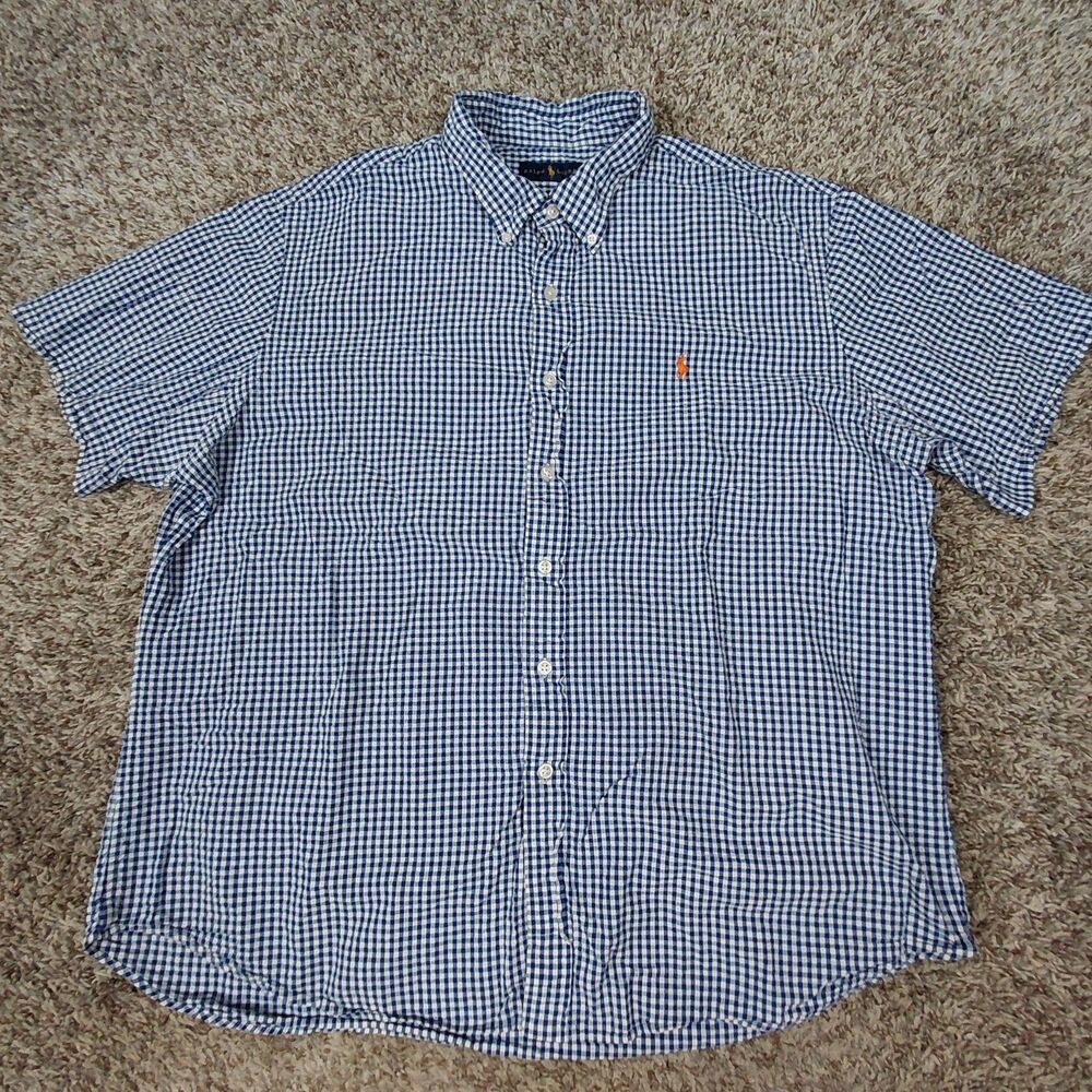 Ralph Lauren Seersucker Gingham Button Down Shirt Mens 2xl Short Sleeve
